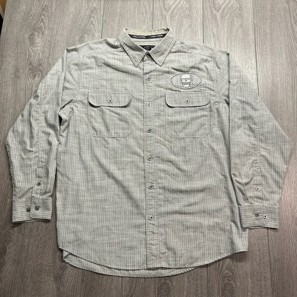 Harley-Davidson Mens XL Grey Pinstripe Willie G Skull Embroidered Button Up